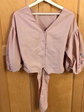 Tie waist blouse with floral embroidered sleeves